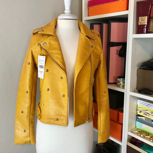 Star Studded Biker Moto Jacket Jaune Vegan Leather - Picture 3 of 8